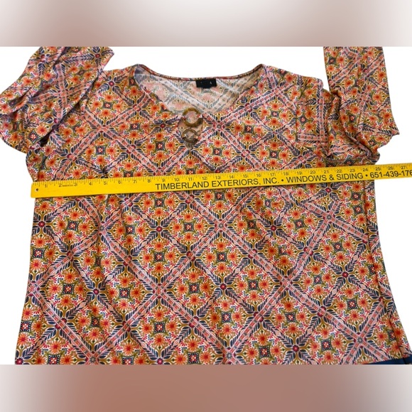 Tacera Orange Blue Floral Geometric Print Long Sleeve Tunic Stretch Top Size 2XL - Picture 8 of 10
